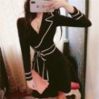 Contrast Trim Wrap Long-sleeve A-line Dress