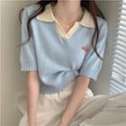 Short-sleeve V-neck Cherry Knit Polo Shirt Light Blue - One Size