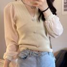Chiffon-sleeve V-neck Knit Top
