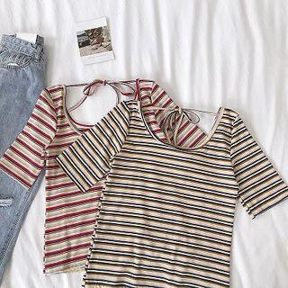 Color-block Striped Lace-up Short-sleeve Top