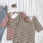 Color-block Striped Lace-up Short-sleeve Top