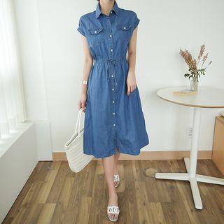 Pocket-detail Drawstring-waist Denim Shirtdress