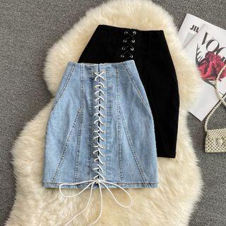 High Waist Lace Up Denim Mini Skirt