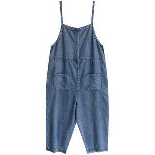 Cropped Denim Dungaree Pants Blue - One Size