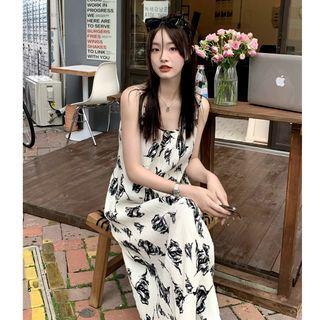 Spaghetti Strap Print Midi A-line Dress Almond - One Size