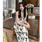 Spaghetti Strap Print Midi A-line Dress Almond - One Size