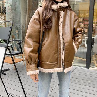 Fleece Collar Faux Leather Coat