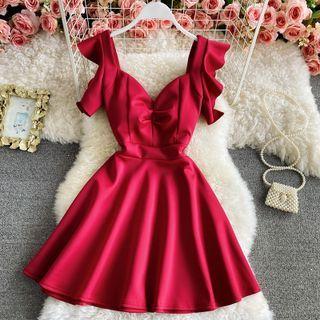 Sleeveless Ruffled Plain A-line Dress