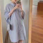 Elbow-sleeve Belted A-line Shirtdress With Belt - Blue - One Size