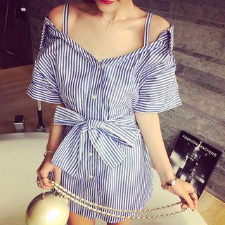 Off-shoulder Strap Pinstripe Minidress