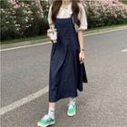 Short-sleeve Lace Shirt / Denim Midi Overall Dress