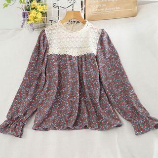 Flower Print Lace Panel Blouse