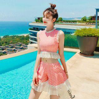 Set: Halter-neck Chevron Stripe Lace Trim Swim Top + Swim Shorts