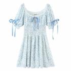Short-sleeve Lace Trim Floral Print Mini Dress