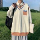 V-neck Color Block Oversized Knit Vest