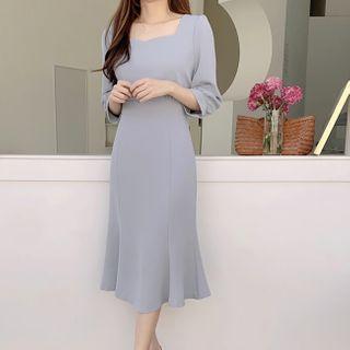 3/4-sleeve Plain Midi Mermaid Dress