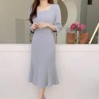 3/4-sleeve Plain Midi Mermaid Dress