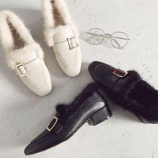 Faux Leather Buckled Fluffy Trim Low Heel Pumps