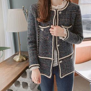 Piped Metal-button Tweed Jacket Melange Khaki - One Size