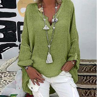 Long-sleeve Notch-neck Plain Top