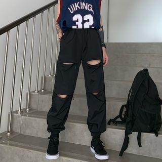 Elastic Waist Gather-cuff Cutout Sweatpants Black - One Size