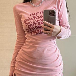 Long-sleeve Lettering Drawstring Bodycon Dress / Blazer