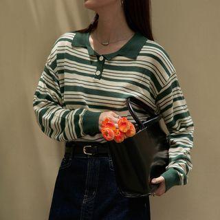 Long Sleeve Stripe Polo Knit Top