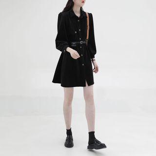 Set: Long-sleeve Mini A-line Corduroy Shirtdress + Belt