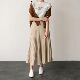 Band-waist Pleated Flare Skirt With Belt