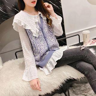 Set: Leopard Print Buttoned Vest + Long-sleeve Frill Trim Wide Collar Blouse