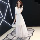 Elbow-sleeve Open Collar Glitter Mesh Maxi Dress