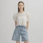 Puff-sleeve Crochet Crop Top Ivory - One Size