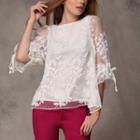 Floral Embroidered Mock Two-piece Elbow-sleeve Blouse