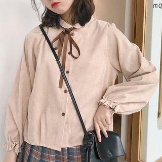 Bow Long-sleeve Corduroy Blouse