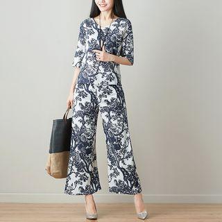 Set: 3/4-sleeve Top + Cropped Wide-leg Pants