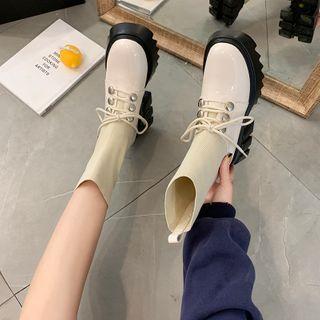 Faux Leather Two Tone Knit Panel Platform Ankle Boots