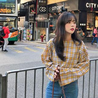 Crew-neck Button-back Plaid Shirt