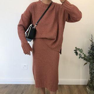 Set: Drop Shoulder Sweater + Midi Knit Skirt