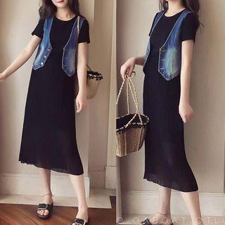 Set: Denim Vest + Short-sleeve Dress