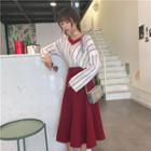 V-neck Striped Long-sleeve T-shirt / Midi A-line Skirt