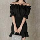 Elbow-sleeve Frill Trim Mini Mermaid Dress Black - One Size