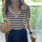 Short-sleeve Open-collar Striped Knit Top Almond - One Size