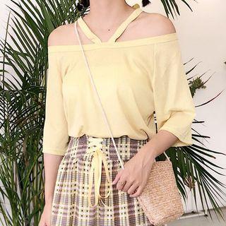 Elbow-sleeve Cutout Shoulder Top / Plaid A-line Midi Skirt
