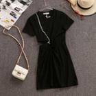 Short-sleeve Cutout Chained A-line Dress Black - One Size