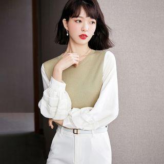 Mock Two Piece Lantern-sleeve Two-tone Blouse