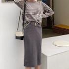 Set Of 2: Striped Top + Knitted High-waist Skirt