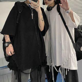 Couple Matching Elbow-sleeve Fringed Hem T-shirt
