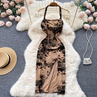 Spaghetti-strap Halter Neck Print Slit Midi Sheath Dress