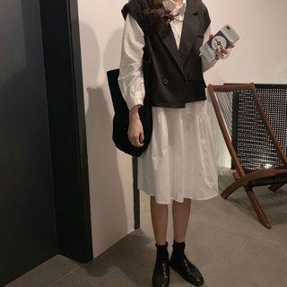 Long-sleeve Midi A-line Shirtdress / Button Cropped Vest