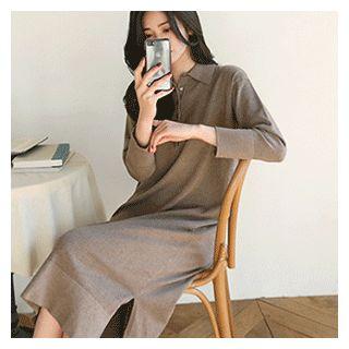 Collared Button-front Knit Dress Brown - One Size